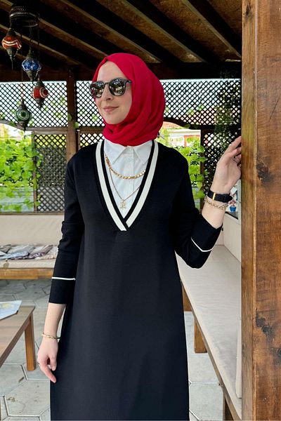 Rabia Şamlı Μαύρο πλεκτό φόρεμα - Σχέδιο πουκάμισου Σεπτεμβρίου