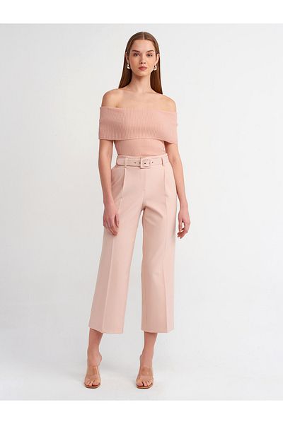 Dilvin 71280 Coated Belted Cullotte Trousers-Powder