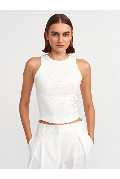 Dilvin 20922 Boncuk İşlemeli Fitilli Atlet-Beyaz