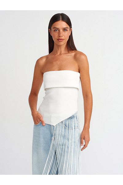 Dilvin 10586 Strapless Tasseled Ecru Knitwear Top