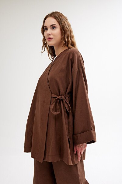 QANU Καφέ λινό κιμονό