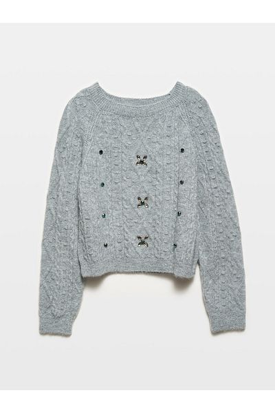 Dilvin 10462 Model Crew Neck and Stone Detailed Sweater - Dark Gray