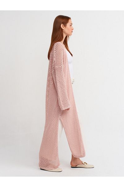 Dilvin 60227 Kimono Sleeve Openwork Knitwear Cardigan-Powder