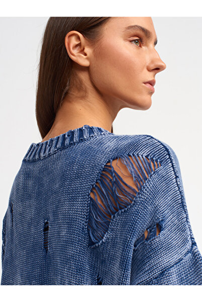 Dilvin 10479 Faded Effect Crew nyak szakadt részletes pulóver-indigó