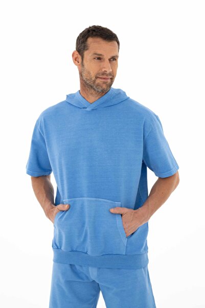 Arma Мъжки суитшърт с къс ръкав и джоб „кенгуру“ в син цвят, голям размер Y25254376501