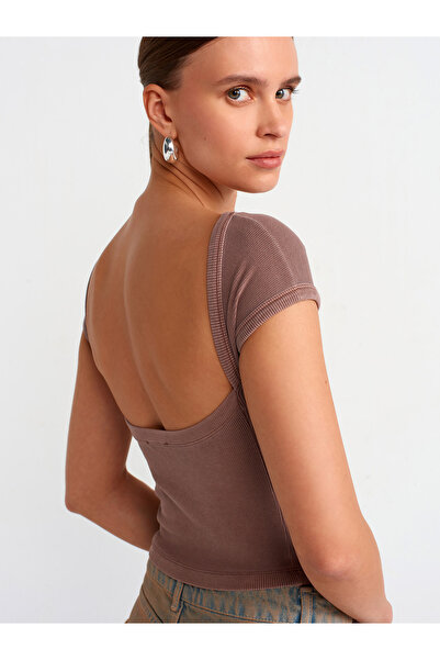 Dilvin 30419 Sırt Detaylı Soluk Efektli T-shirt-Kahve
