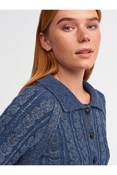 Dilvin 60203 Πόλο λαιμόκοψη με κουμπιά Glitter Crop Knitwear Cardigan-Indigo-S.