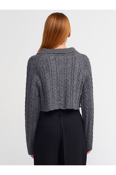 Dilvin 60203 Πόλο λαιμόκοψη με κουμπιά Glitter Crop πλεκτά Ζακέτα-Καπνιστή-Μαύρη