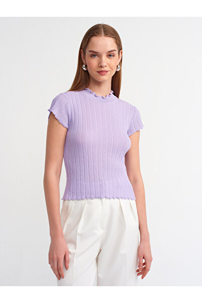 Dilvin 10518 Dik Yaka Transparan Triko Bluz-lila