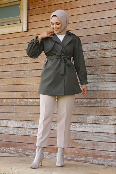 ALNİSS COLLECTİON Double Breasted Collar Trench Coat with Button Detail on the Front