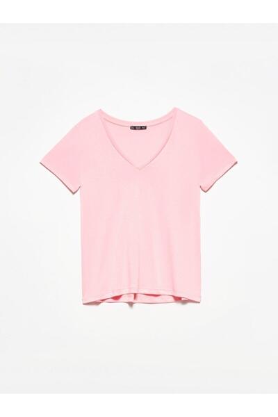 Dilvin Di̇lvi̇n 3470 V-Neck Basic T-Shirt Pink