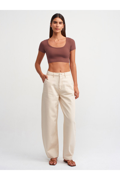 Dilvin 30876 Κοντομάνικο Crop Top-Καφέ