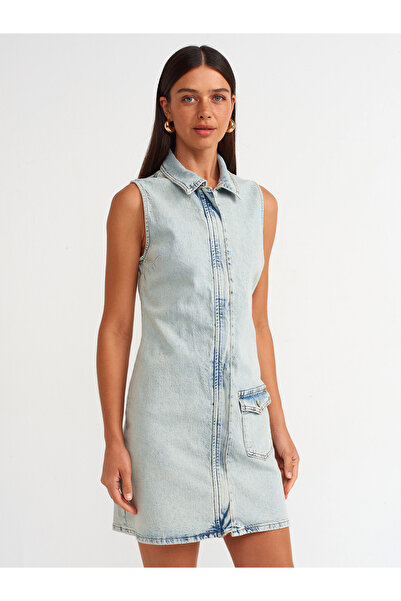 Dilvin 90538 Fermuarlı Denim Elbise-tint
