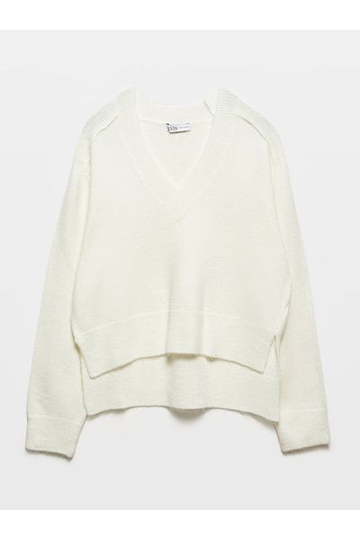 Dilvin 10630 V-Neck Split Detailed Knitwear Sweater-Ecru