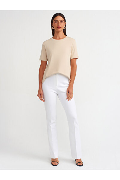 Dilvin 31142 Μοντέλο - Βαμβακερό ανοιχτό μπεζ μπλουζάκι με λαιμόκοψη