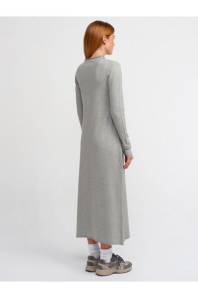 Dilvin 90170 Stand Collar Front Slit Knitwear Dress-Grey