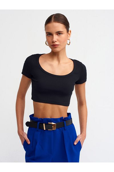 Dilvin 30876 Short Sleeve Crop Top-Black