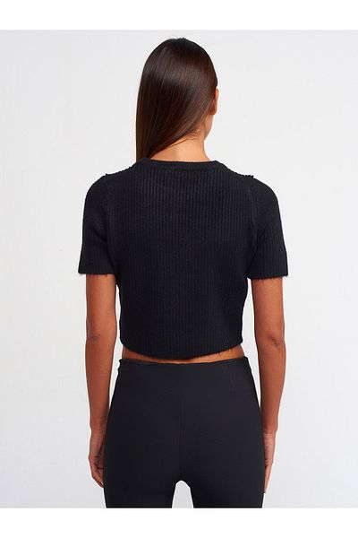 Dilvin 10490 Pulover crop cu mânecă scurtă și cu nervuri-negru