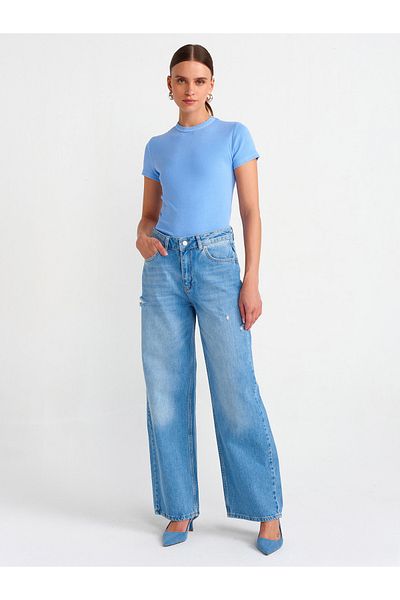 Dilvin 71472 Pantaloni drepți din denim cu croiala de buzunar-albastru