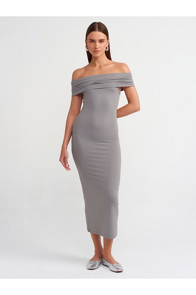 Dilvin 91109 Rochie midi cu umăr dezactivat-gri