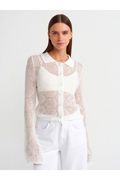 Dilvin 60229 Polo Collar Lined Knit Cardigan-Ecru