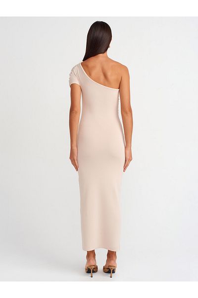 Dilvin 90221 Asymmetrical Draped Knitwear Dress - Light Beige