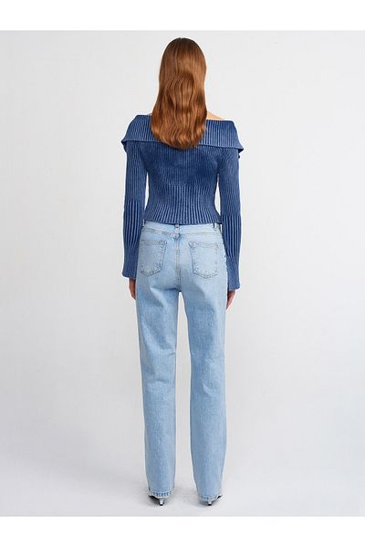 Dilvin 70902 Pantaloni din denim cu cusătură frontală, spălat cu zăpadă-albastru