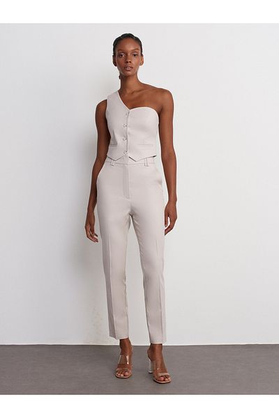 Dilvin 71529 High Waist Slim Fit Trousers - Stone