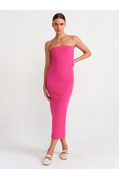 Dilvin 91100 Strapless Midi Dress-Fuchsia