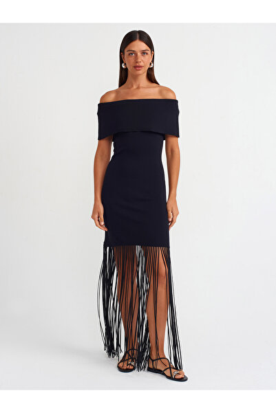 Dilvin 90217 Bardot Yaka Püsküllü Triko Elbise-Siyah