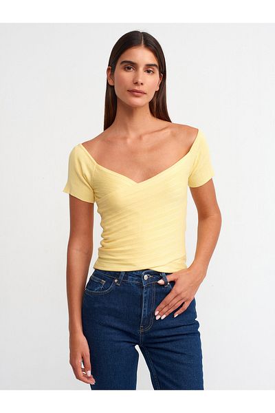 Dilvin 10528 Yellow Bardot Collar Knitwear Blouse