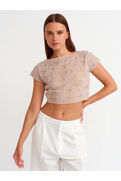 Dilvin 10567 Beige Boat Neck Knitwear Top