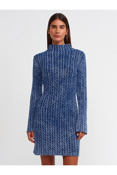 Dilvin 90167 Rochie de tricotaj împletită de păr cu guler în picioare cu efect palid-indigo