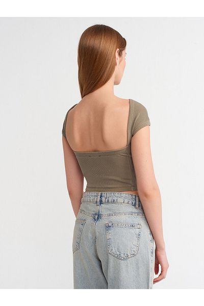 Dilvin 30419 Tricou cu efect pal detaliat pe spate-Kaki