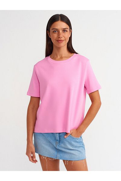 Dilvin 31142 - Pink Crew Neck Cotton T-shirt
