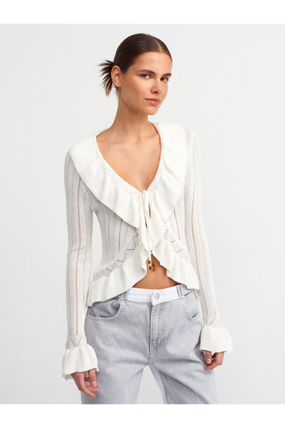 Dilvin 60220 Tricotaj Ecru Cardigan - Volanat și șiret