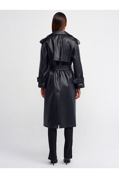 Dilvin 65455 Faux Leather Trench Coat-Black