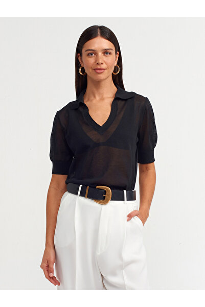 Dilvin Модел 10570 - Черна прозрачна блуза с поло яка