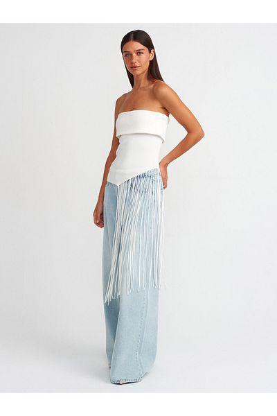 Dilvin 10586 Strapless Tasseled Ecru Knitwear Top