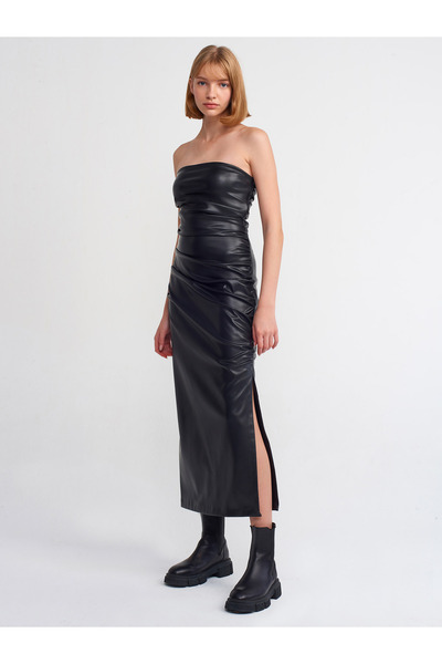 Dilvin 90806 Straplez Deri Elbise-siyah