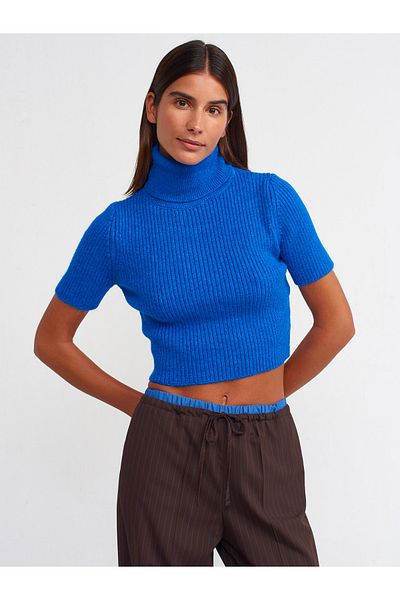 Dilvin 10487 Pulover crop cu mânecă scurtă, cu nervuri, cu gât complet, sax