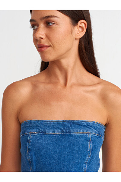 Dilvin 90542 Μπλε στράπλες πλισέ τζιν φόρεμα