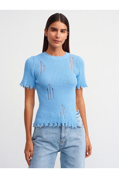 Dilvin 10555 Pulover de tricotaj cu detaliu rupt cu decolteu-albastru