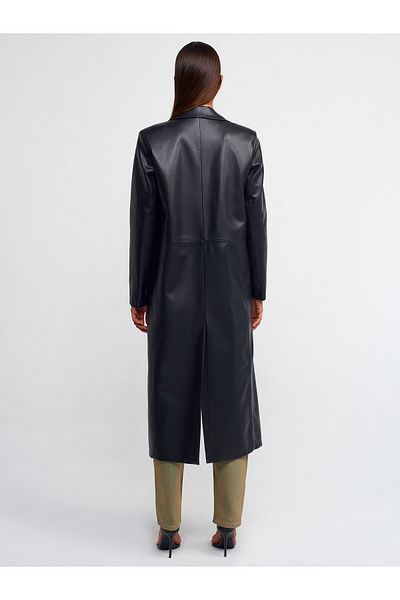 Dilvin 65461 Faux Leather Trench Coat-Black