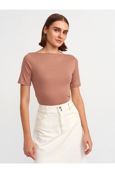 Dilvin 31164 Model Light Brown Color Boat Neck T-Shirt