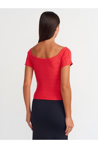 Dilvin 10528 Model Red Bardot Collar Knitwear Blouse