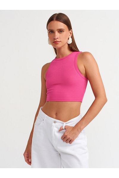 Dilvin Fuchsia 20820 Model Crop Top with Stitching Effect