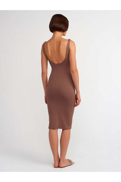 Dilvin Μίντι Φόρεμα 91200 Model U Neck Polyamide - Μαύρο Καφέ