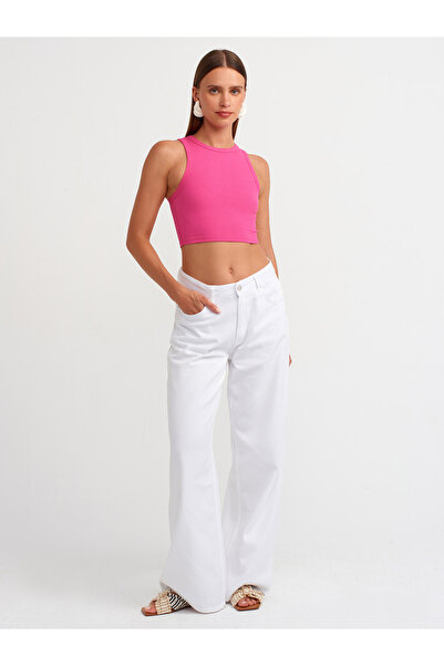 Dilvin Fuchsia 20820 Model Stitch Effect Crop Top