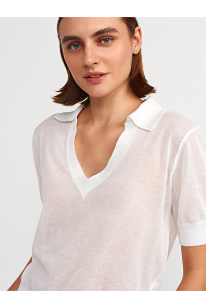 Dilvin 10570 Polo Yaka Transparan Bluz-Beyaz
